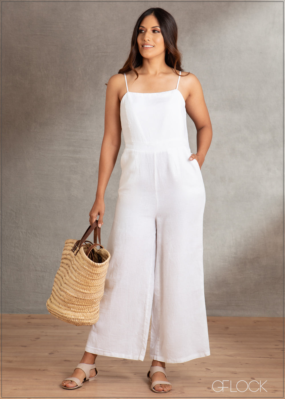 Wide Leg Linen Jumpsuit - Linen 2210