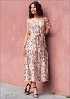 Printed Sleeveless Dress with Waist Tie - Linen2008