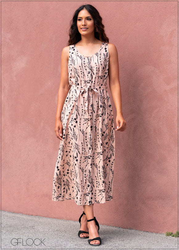 Printed Sleeveless Dress with Waist Tie - Linen2008