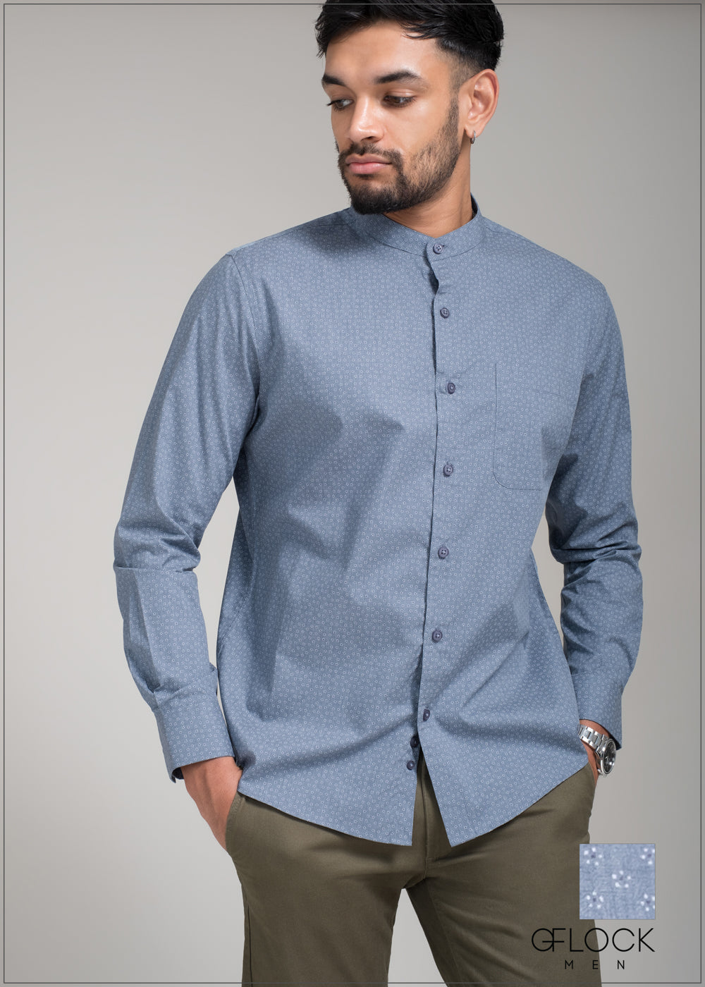 Printed Chinese Collar Long Sleeve Shirt 090423 07