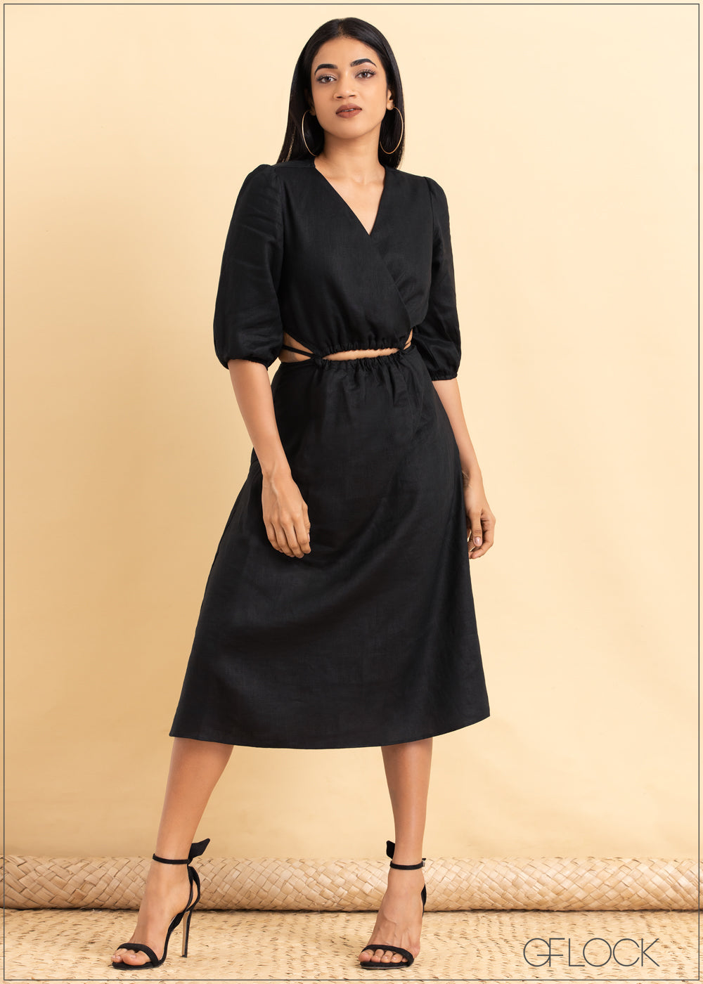 Waist Cutout Linen Midi Dress - 2105