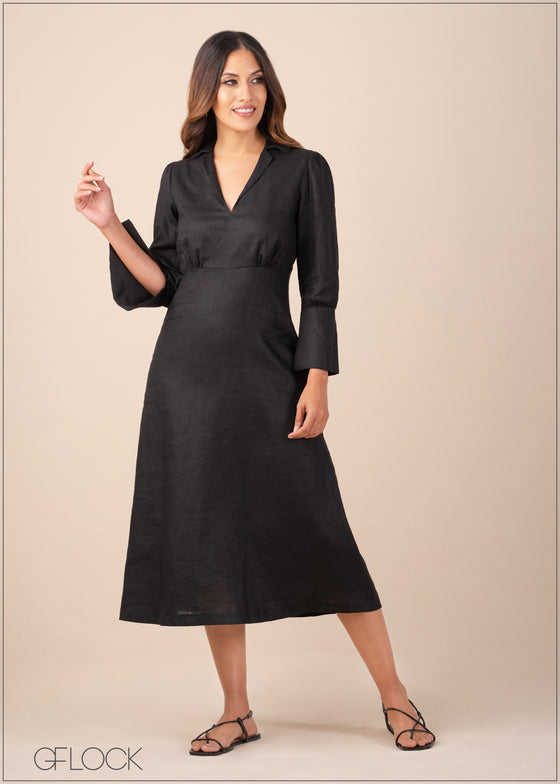 Split Sleeve Collared Linen Dress - 220223