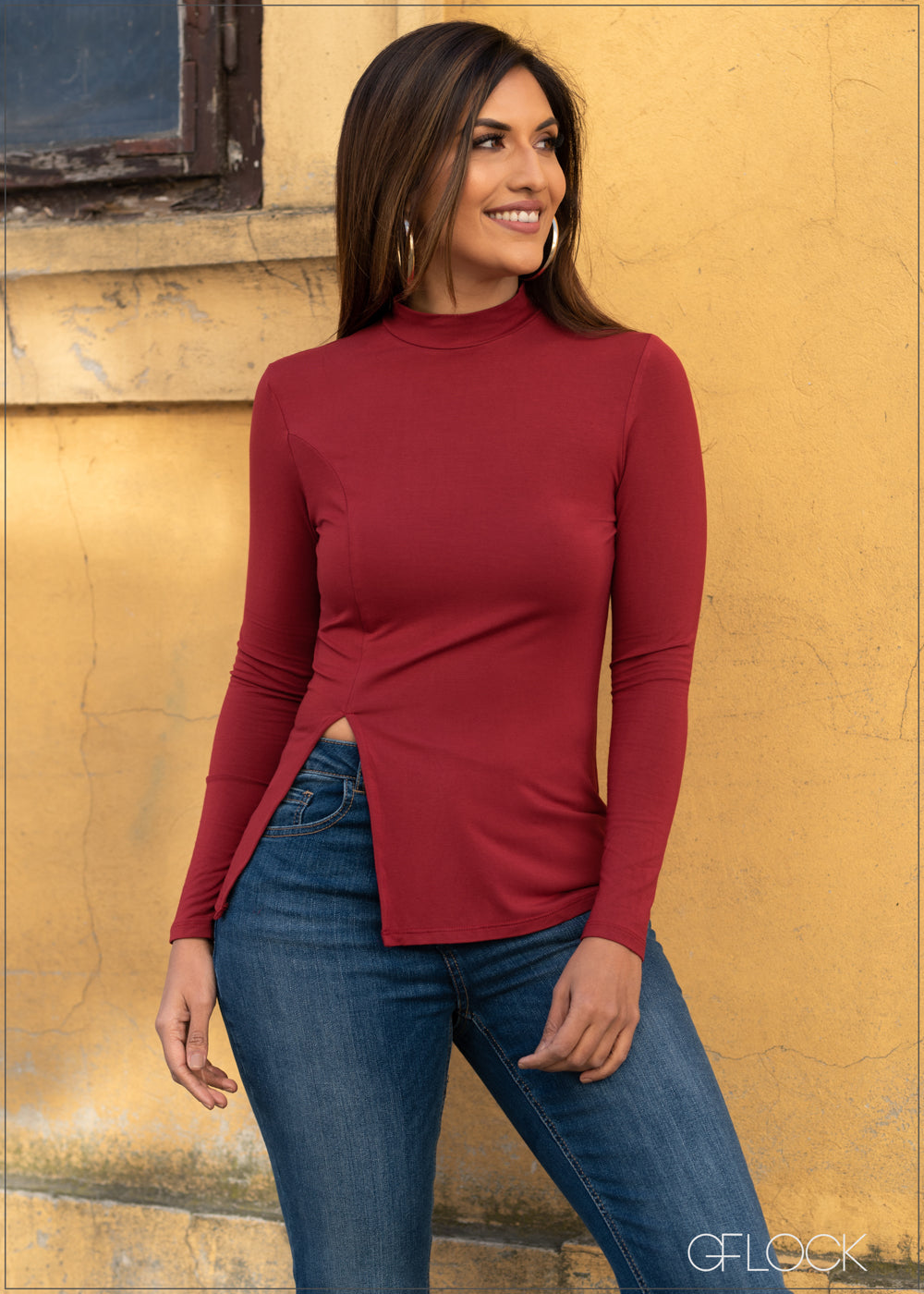 Mock Neck Slit Detail Top - 1802