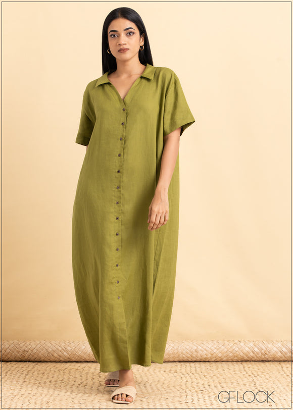 V-Neck Button Down Linen Dress - 2105