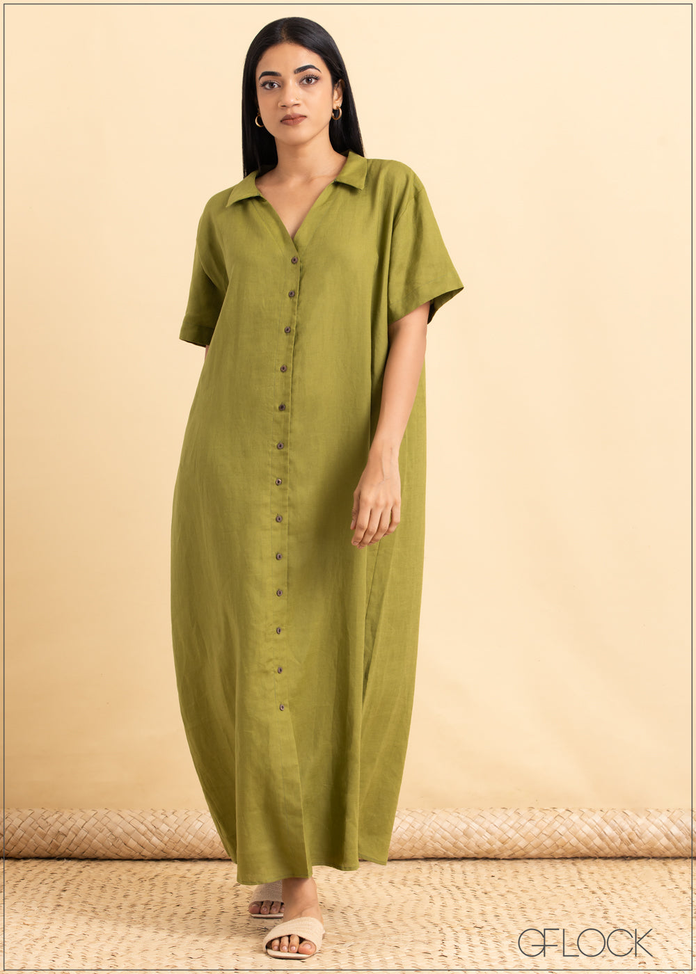 V-Neck Button Down Linen Dress - 2105