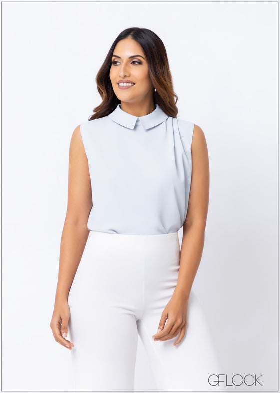 Collared Top With Shoulder Pleats - 230123