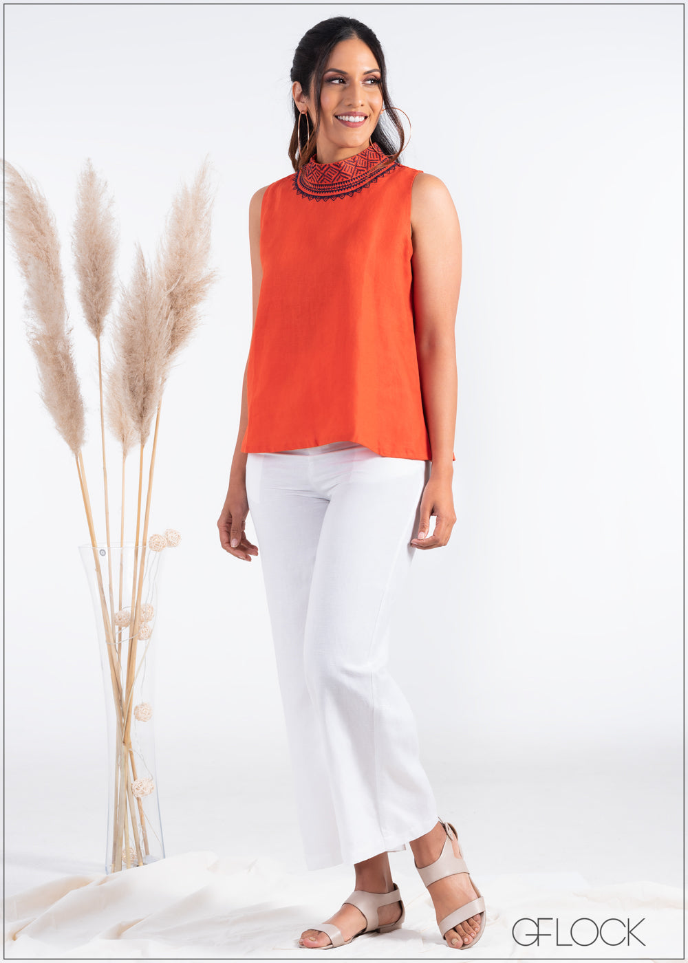 Embroidered High Neck Linen Top - Linen 1711