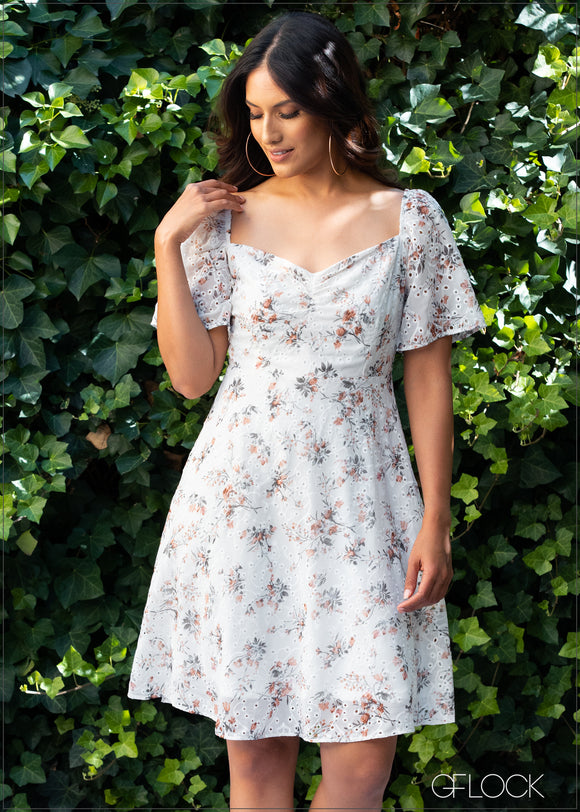 Flutter Sleeve Floral Eyelet Dress - CA1014