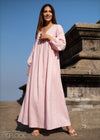 V-Neck Puff Sleeve Linen Dress - 170323