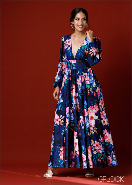 Plunge Neck Floral Maxi Dress - 231222