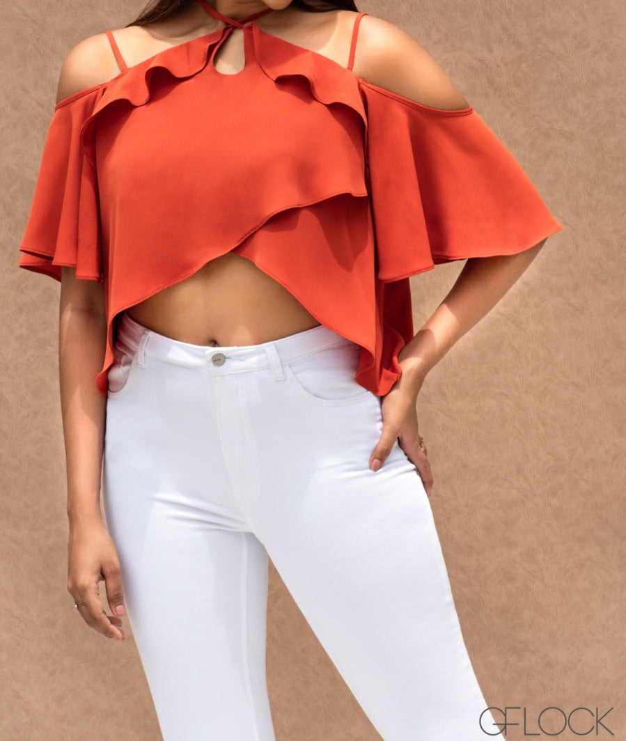 Flounce Layered Halter Crop Top - 1406