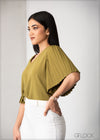 V-Neck Top With Pleated Sleeves - 0508