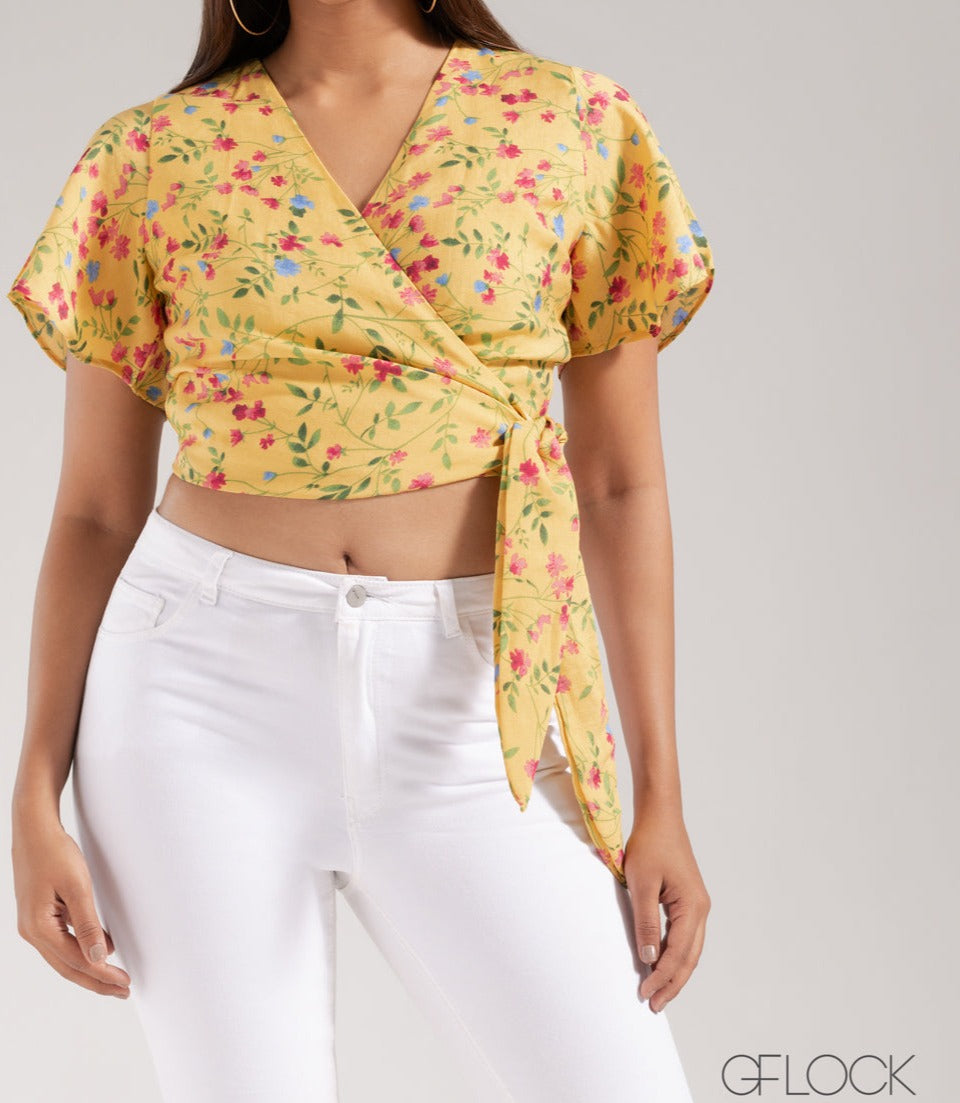 Floral Print Top With Side Tie - 3101