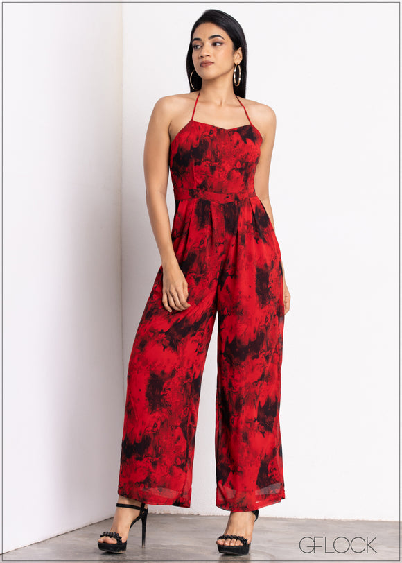 Pleated Tie Up Neck Jumpsuit - 1605