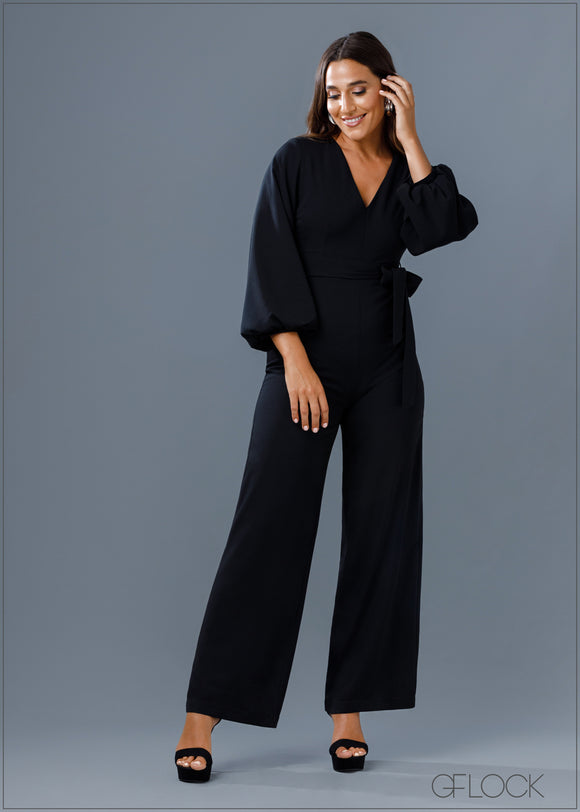 Balloon Sleeved Tie Up Jumpsuit - Short Length - 100223