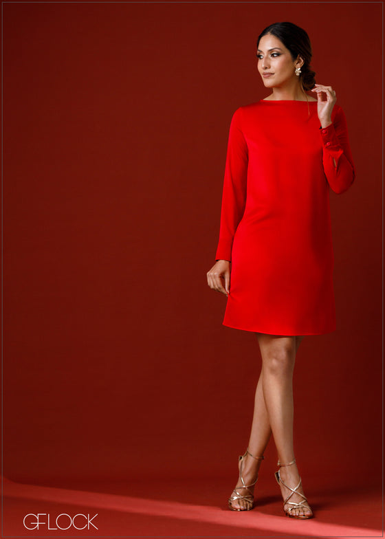 Long Sleeved Boat Neck Mini Dress - 231222