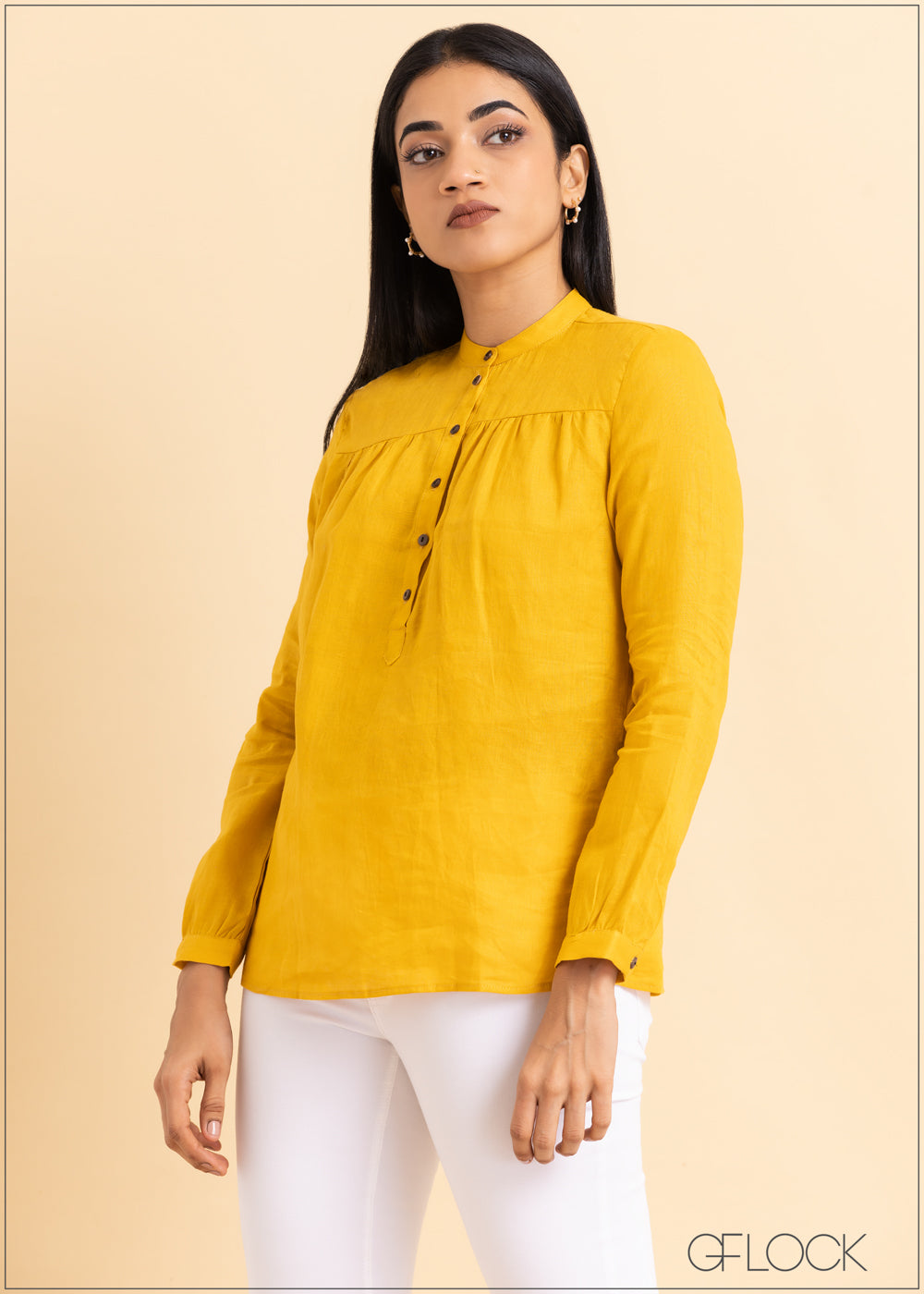 Mandarin Collar Linen Top - 2105