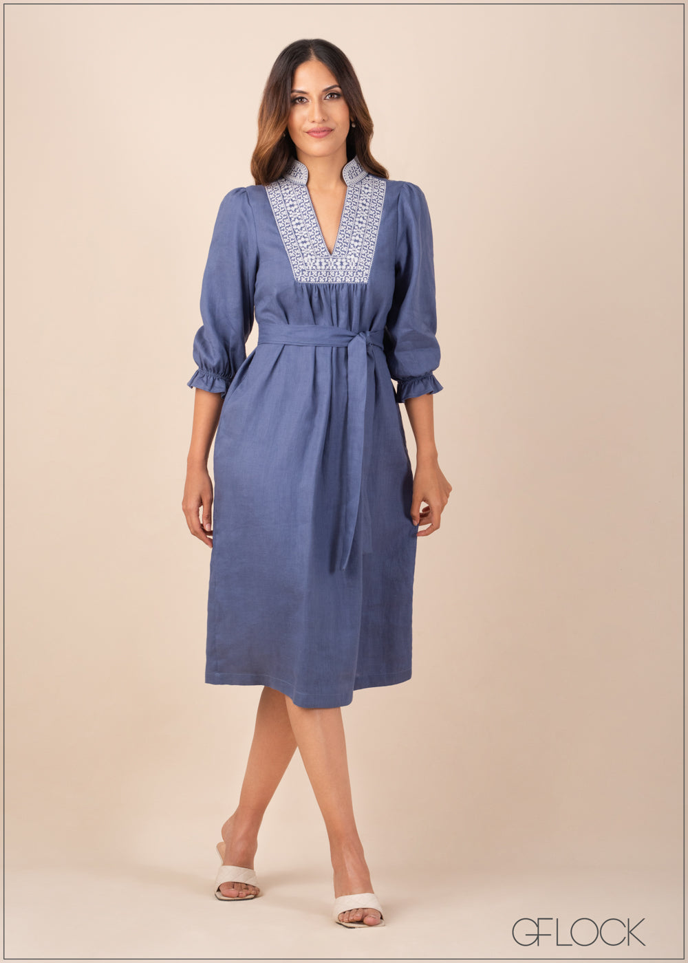 Embroidered Linen Shift Dress - 210123