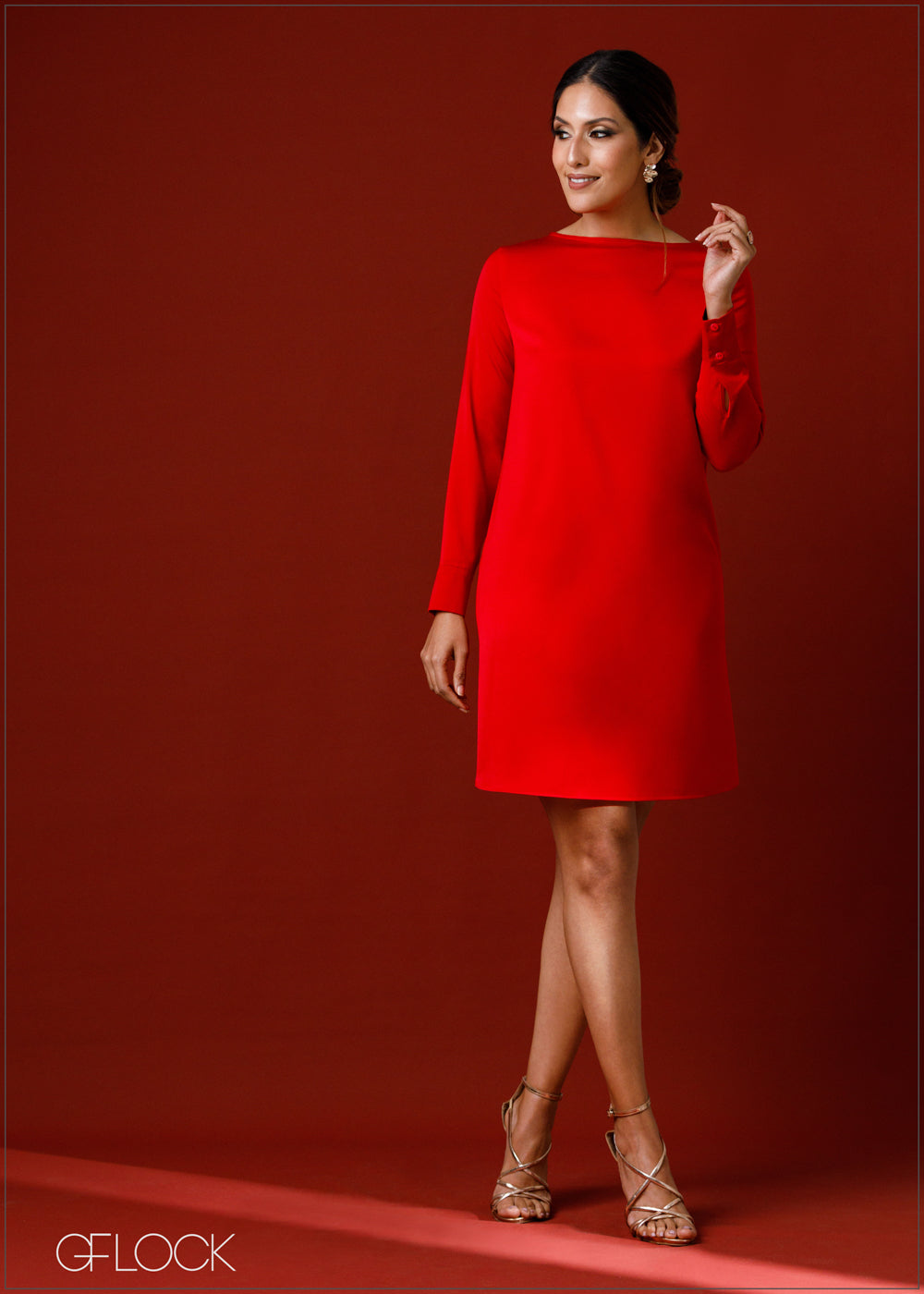 Long Sleeved Boat Neck Mini Dress - 231222