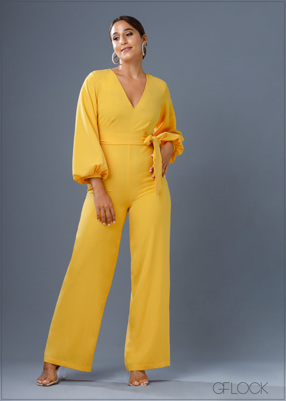 Balloon Sleeved Tie Up Jumpsuit - Short Length - 100223