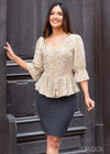 Printed Peplum Top With Waist Tie - 381
